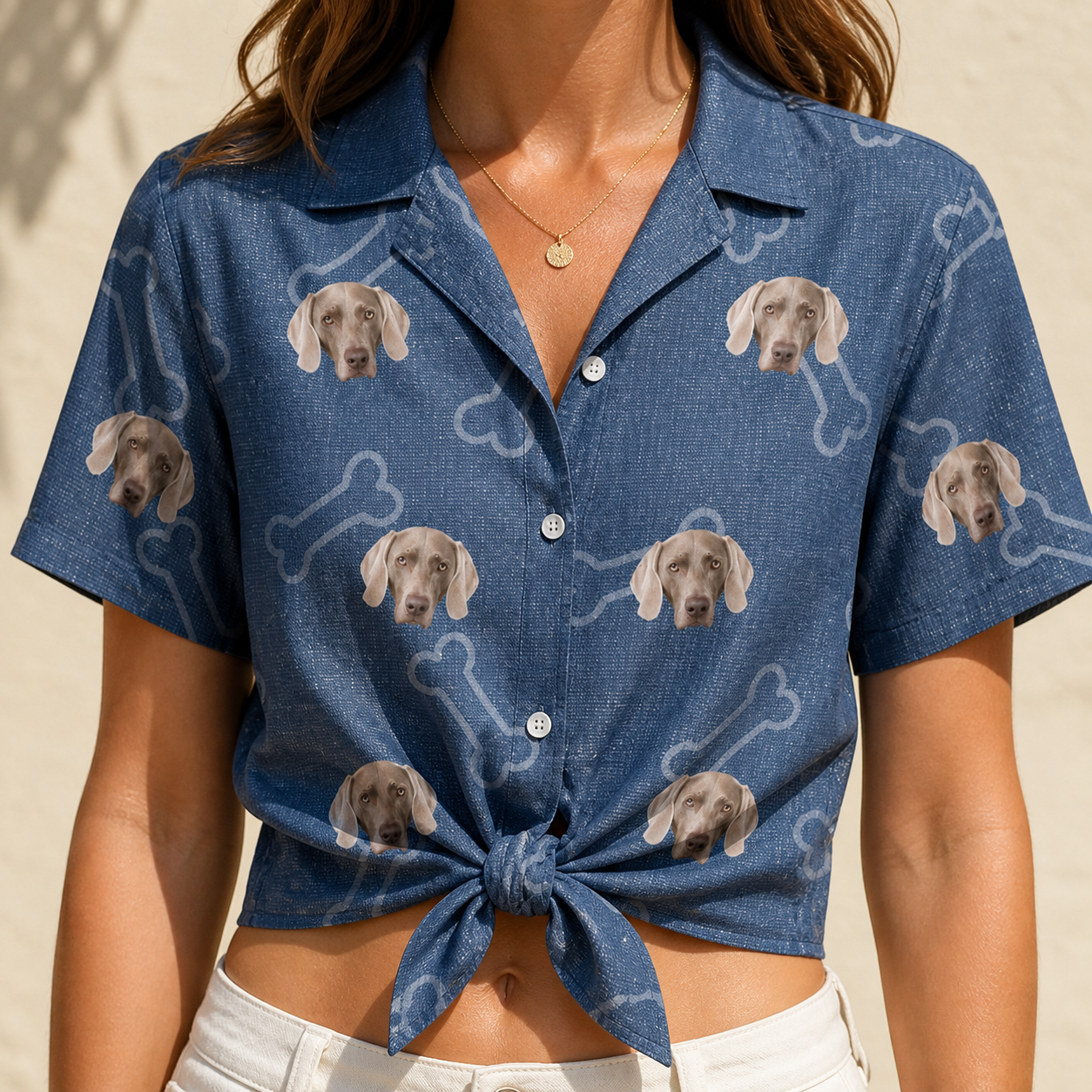 Woman wearing Women's Canine Crunch Custom Dog Face Hawaiian Shirt tied at the waist