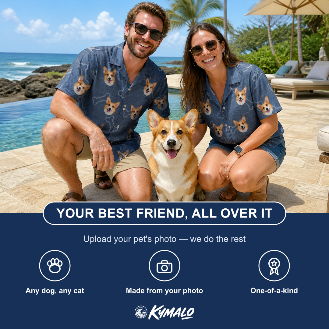 Friends in matching Women's Canine Crunch Custom Dog Face Hawaiian Shirt — a group gift photo