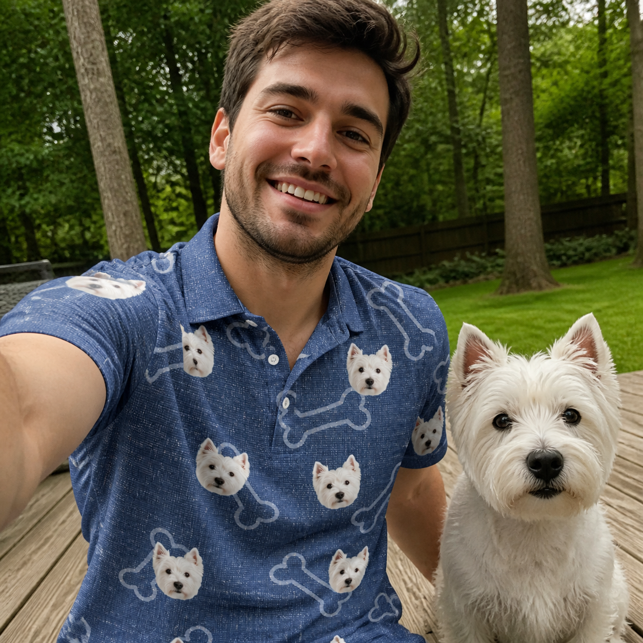 Selfie with the pet whose face is printed all over this Men's Canine Crunch Custom Dog Face Polo Shirt