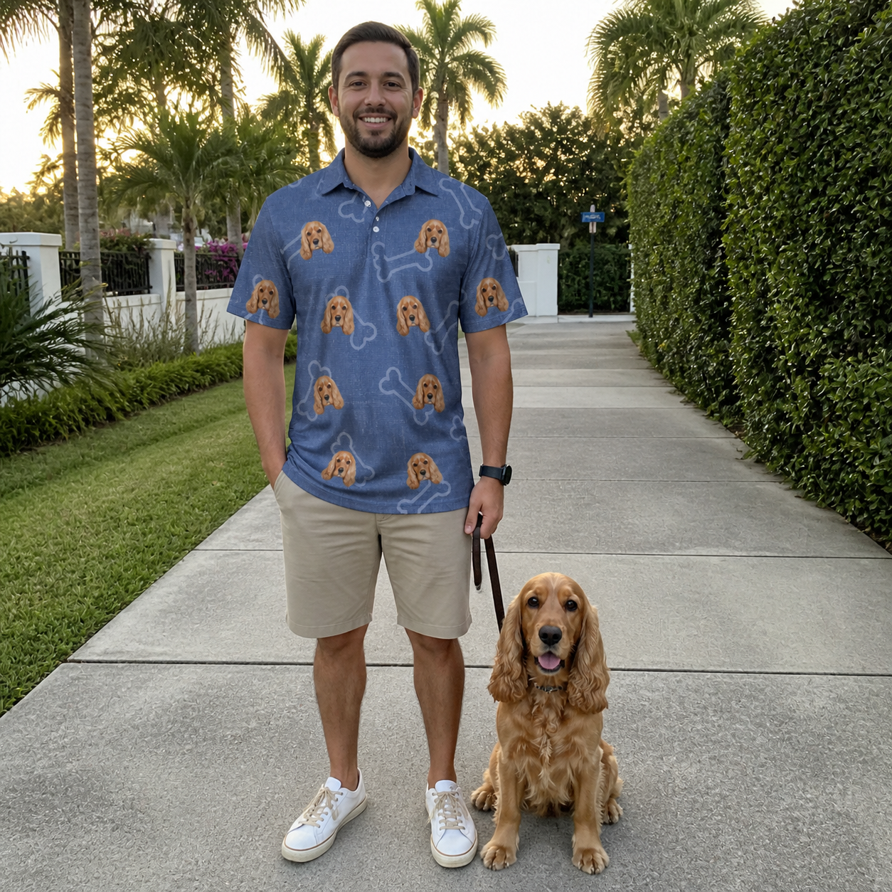 Full-length photo with the pet printed all over this Men's Canine Crunch Custom Dog Face Polo Shirt