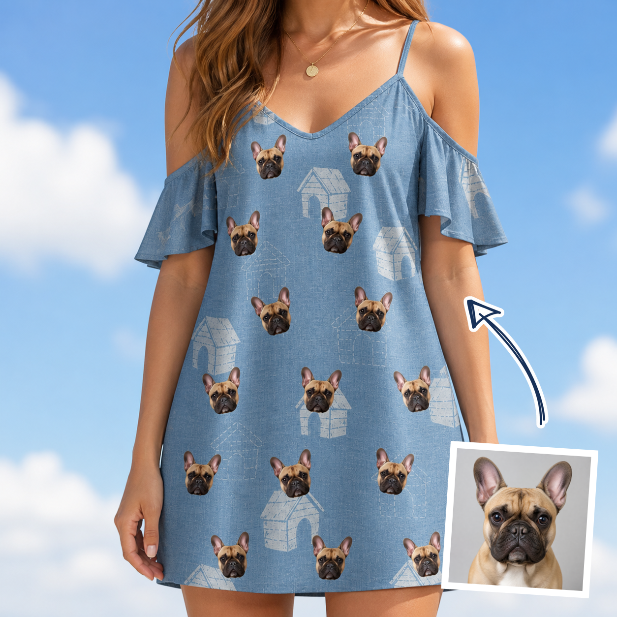 Woman wearing Women's Pooch Porches Custom Dog Face Off-Shoulder Dress — custom faces printed all-over