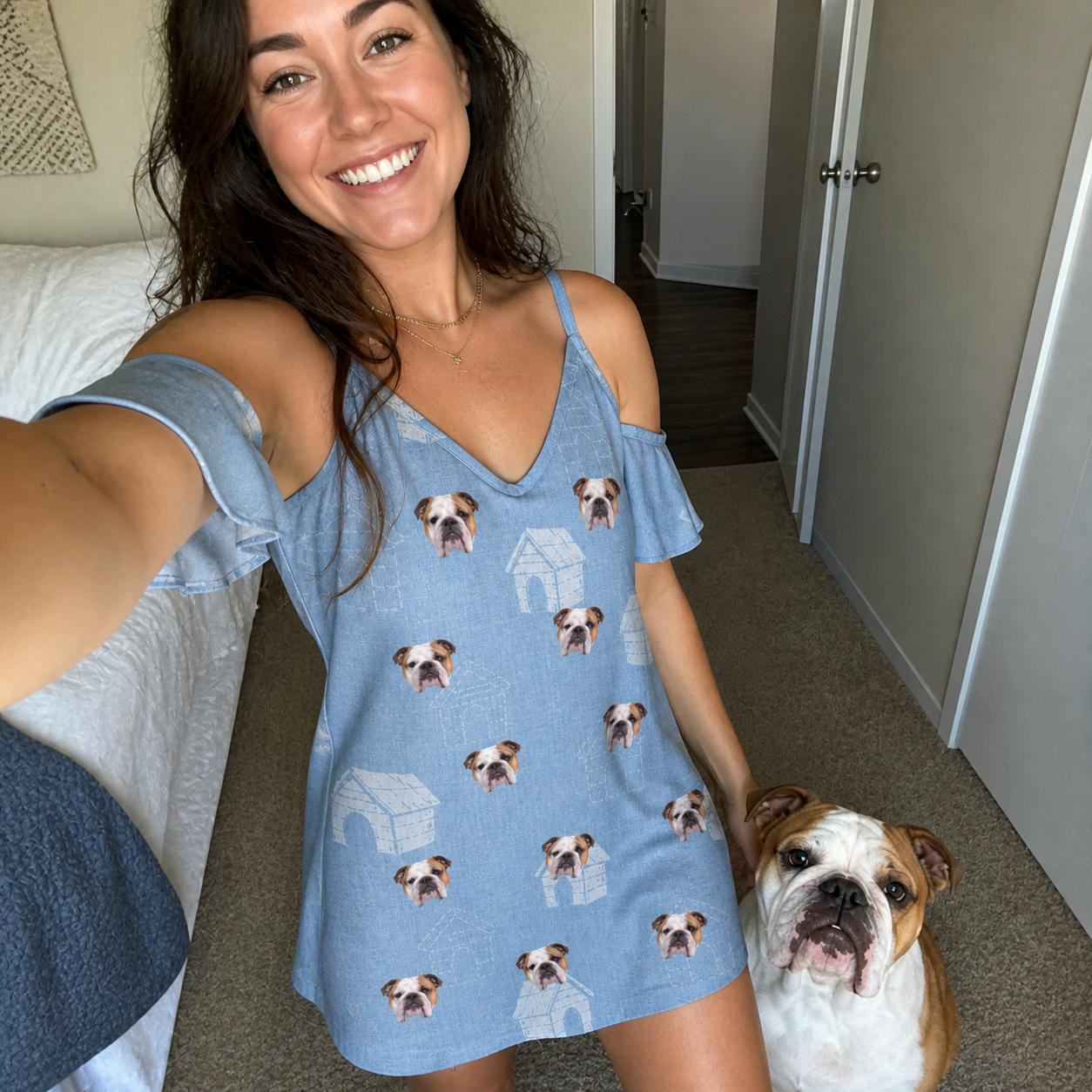 Selfie with the pet whose face is printed all over this Women's Pooch Porches Custom Dog Face Off-Shoulder Dress