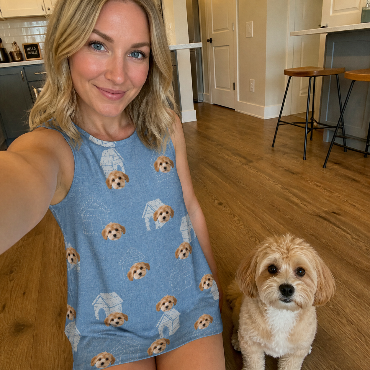Selfie with the pet whose face is printed all over this Women's Pooch Porches Custom Dog Face Tank Dress