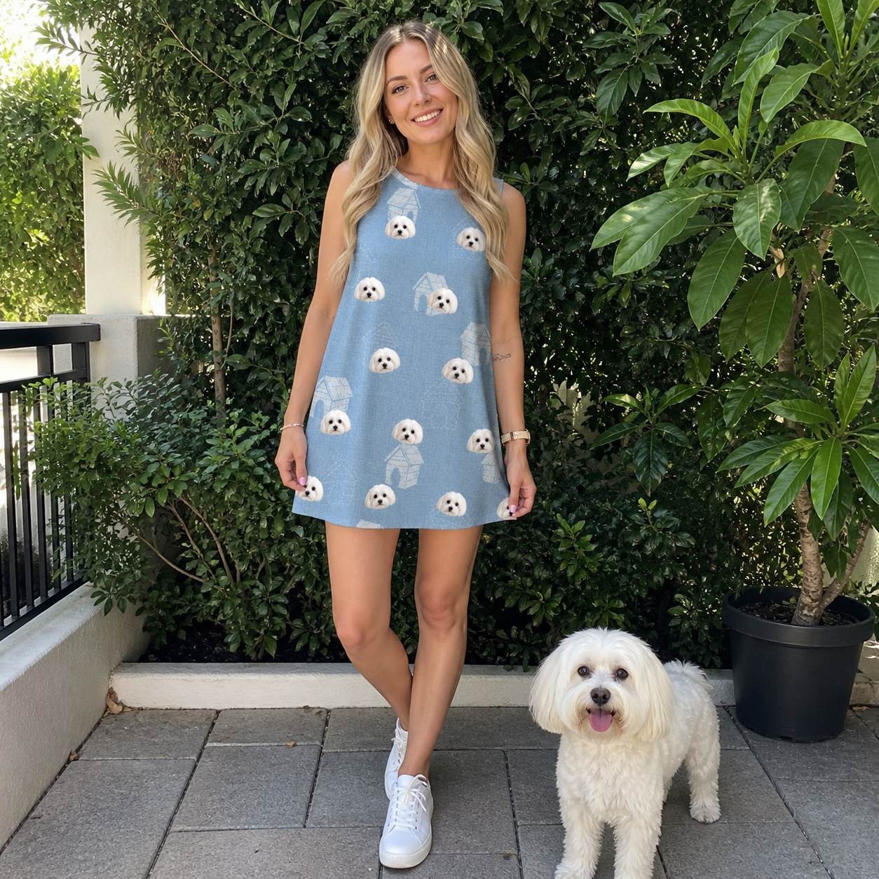 Full-length photo with the pet printed all over this Women's Pooch Porches Custom Dog Face Tank Dress