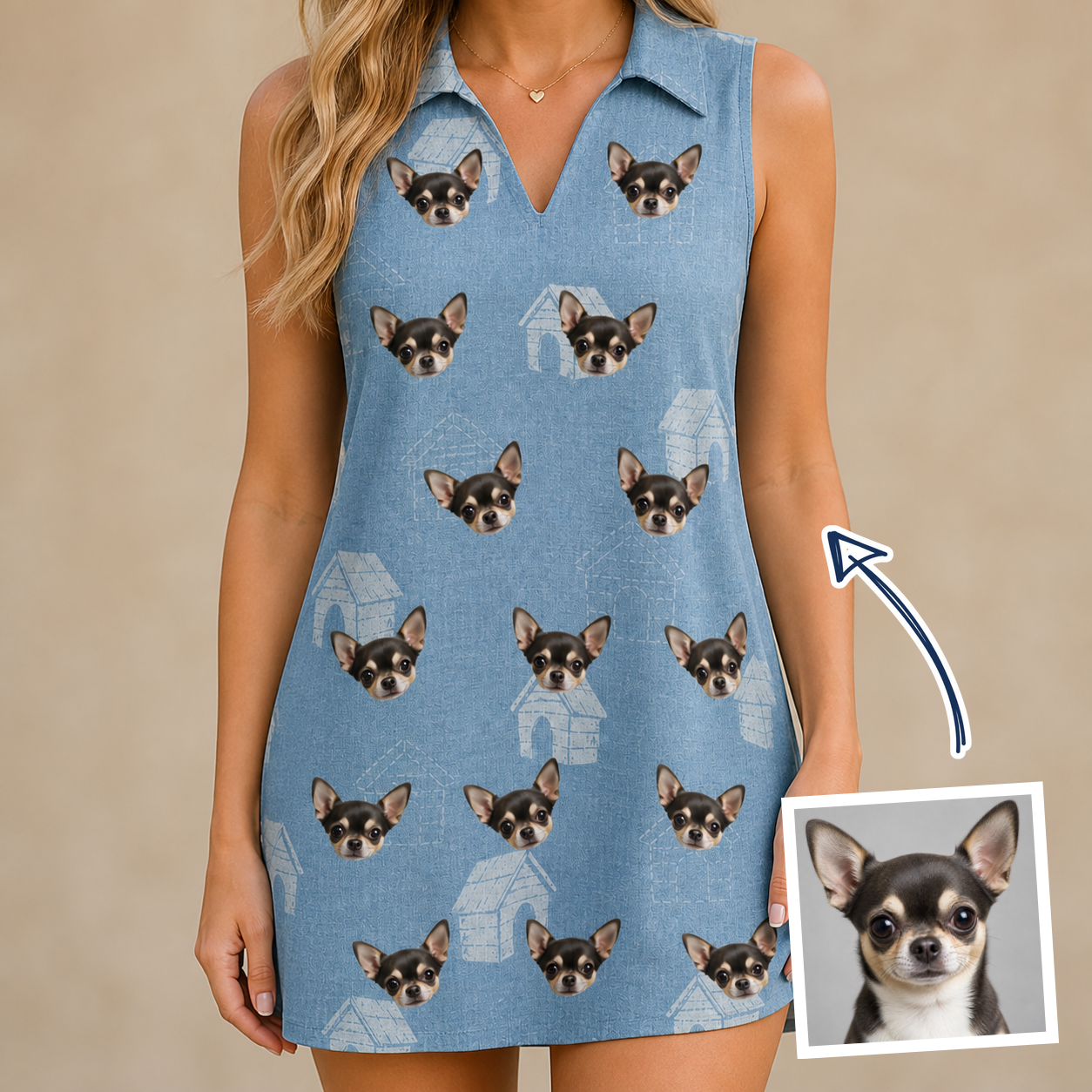 Woman wearing Women's Pooch Porches Custom Dog Face V-Neck Dress — custom faces printed all-over