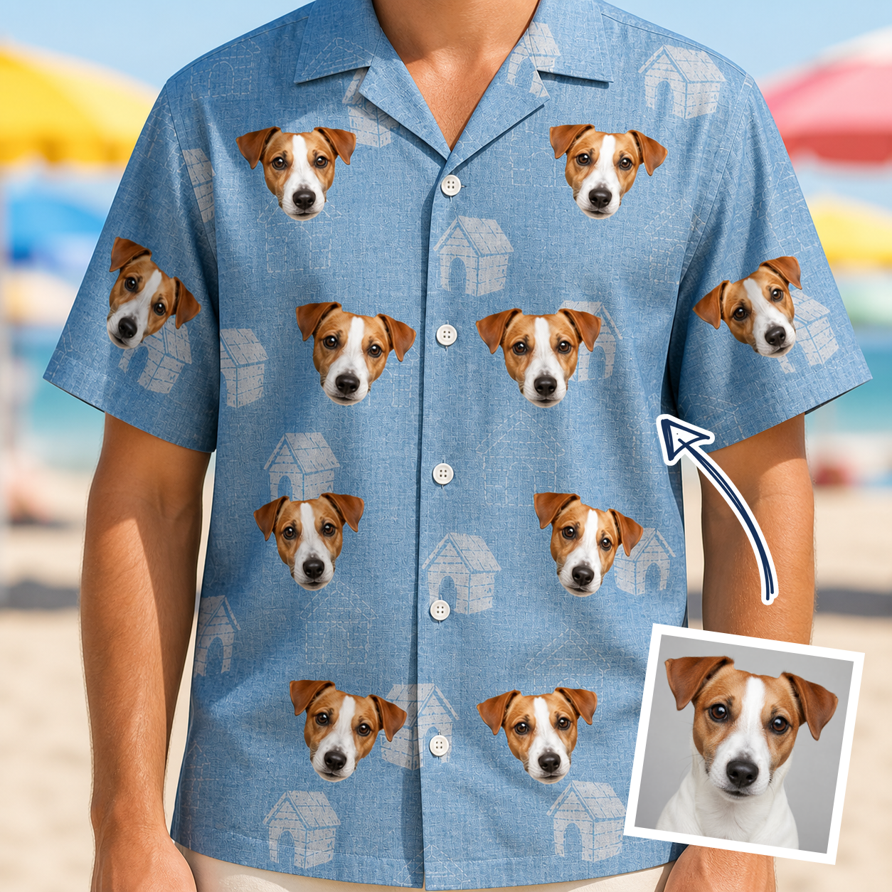 Man wearing Men's Pooch Porches Custom Dog Face Hawaiian Shirt — custom faces printed all-over