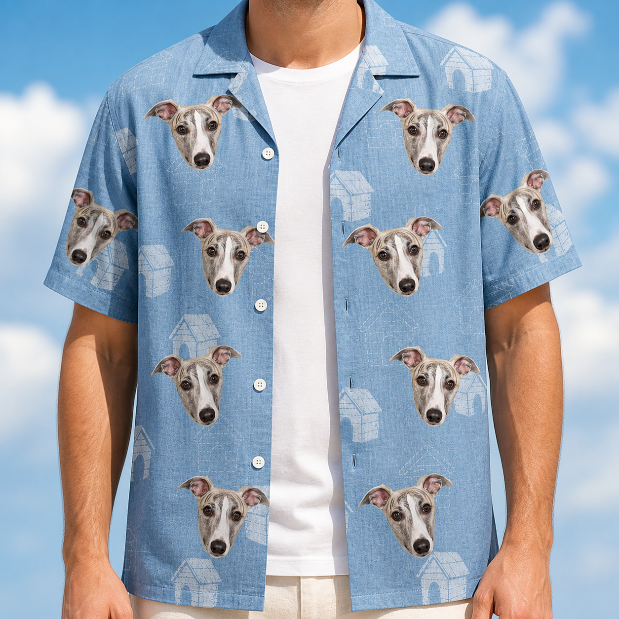 Man wearing Men's Pooch Porches Custom Dog Face Hawaiian Shirt open over a white tee