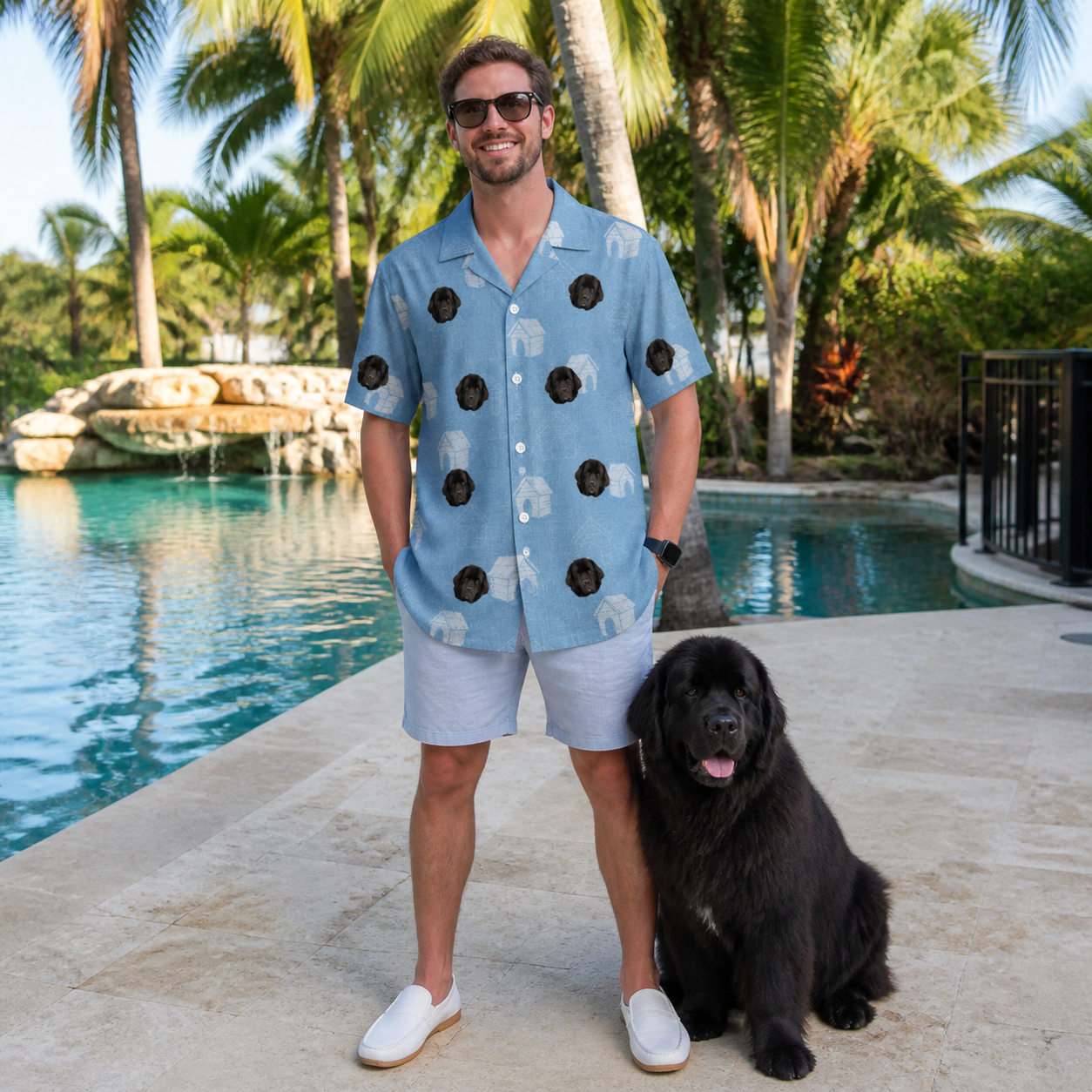 Full-length photo with the pet printed all over this Men's Pooch Porches Custom Dog Face Hawaiian Shirt
