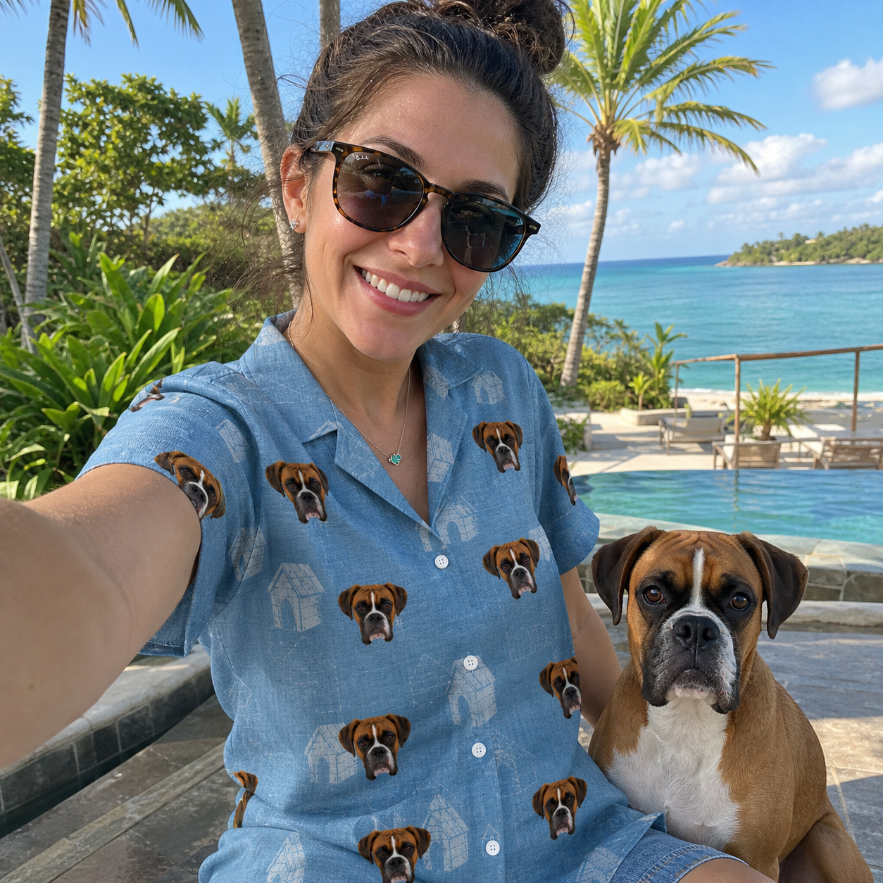 Selfie with the pet whose face is printed all over this Women's Pooch Porches Custom Dog Face Hawaiian Shirt