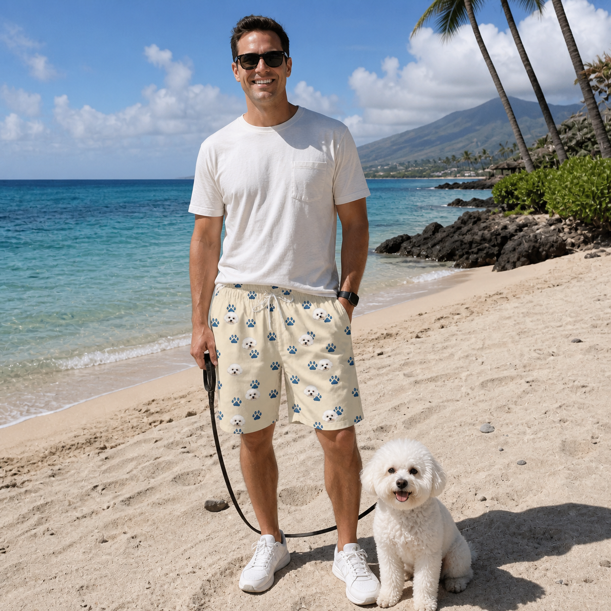 Full-length photo with the pet printed all over this Men's Puppy Prints Custom Dog Face Beach Shorts