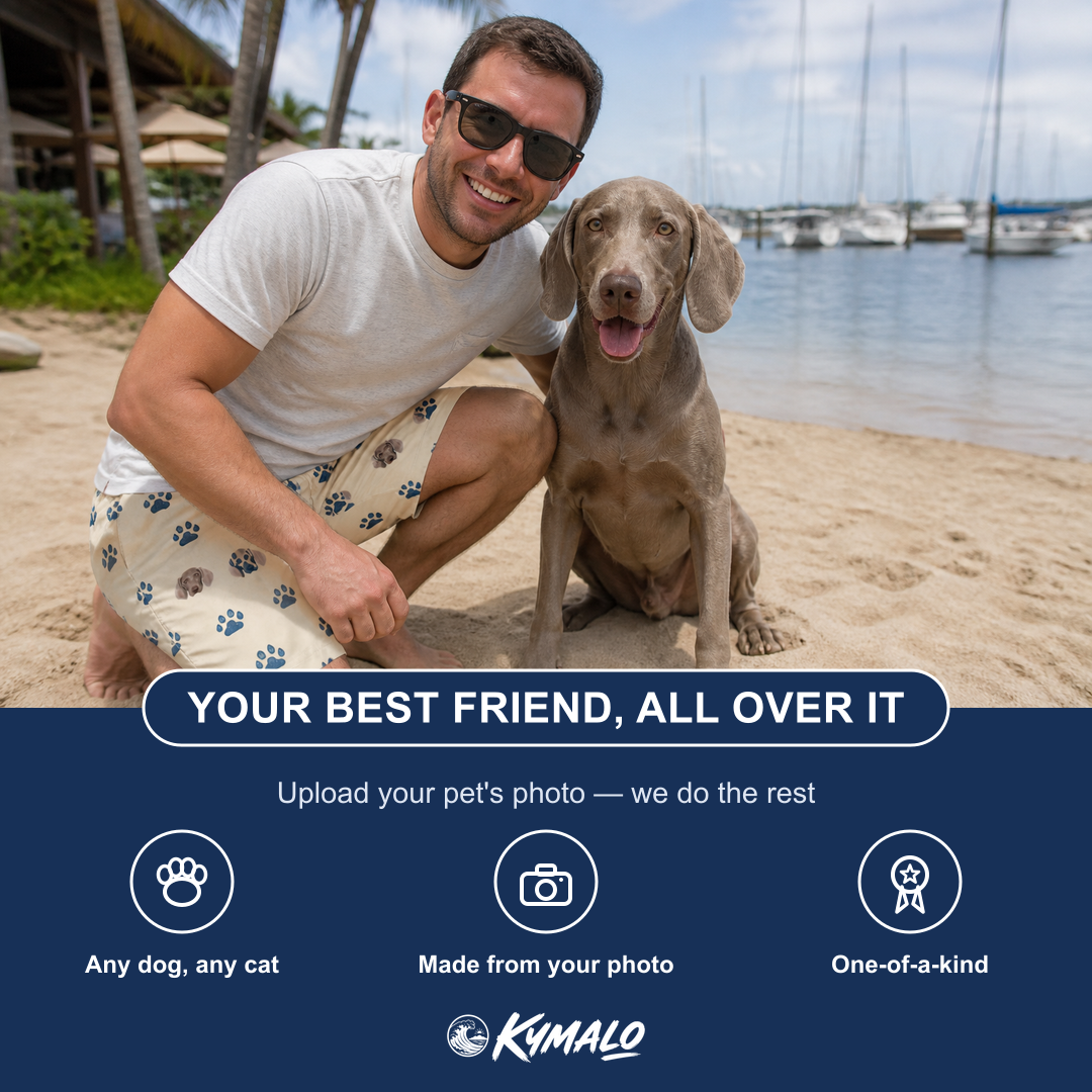 Friends in matching Men's Puppy Prints Custom Dog Face Beach Shorts — a group gift photo
