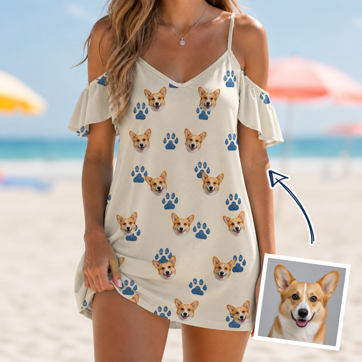 Woman wearing Women's Puppy Prints Custom Dog Face Off-Shoulder Dress — custom faces printed all-over