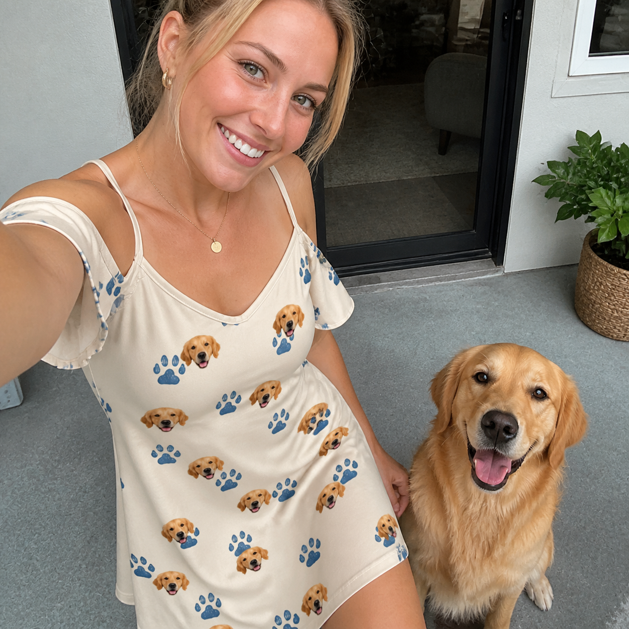 Selfie with the pet whose face is printed all over this Women's Puppy Prints Custom Dog Face Off-Shoulder Dress