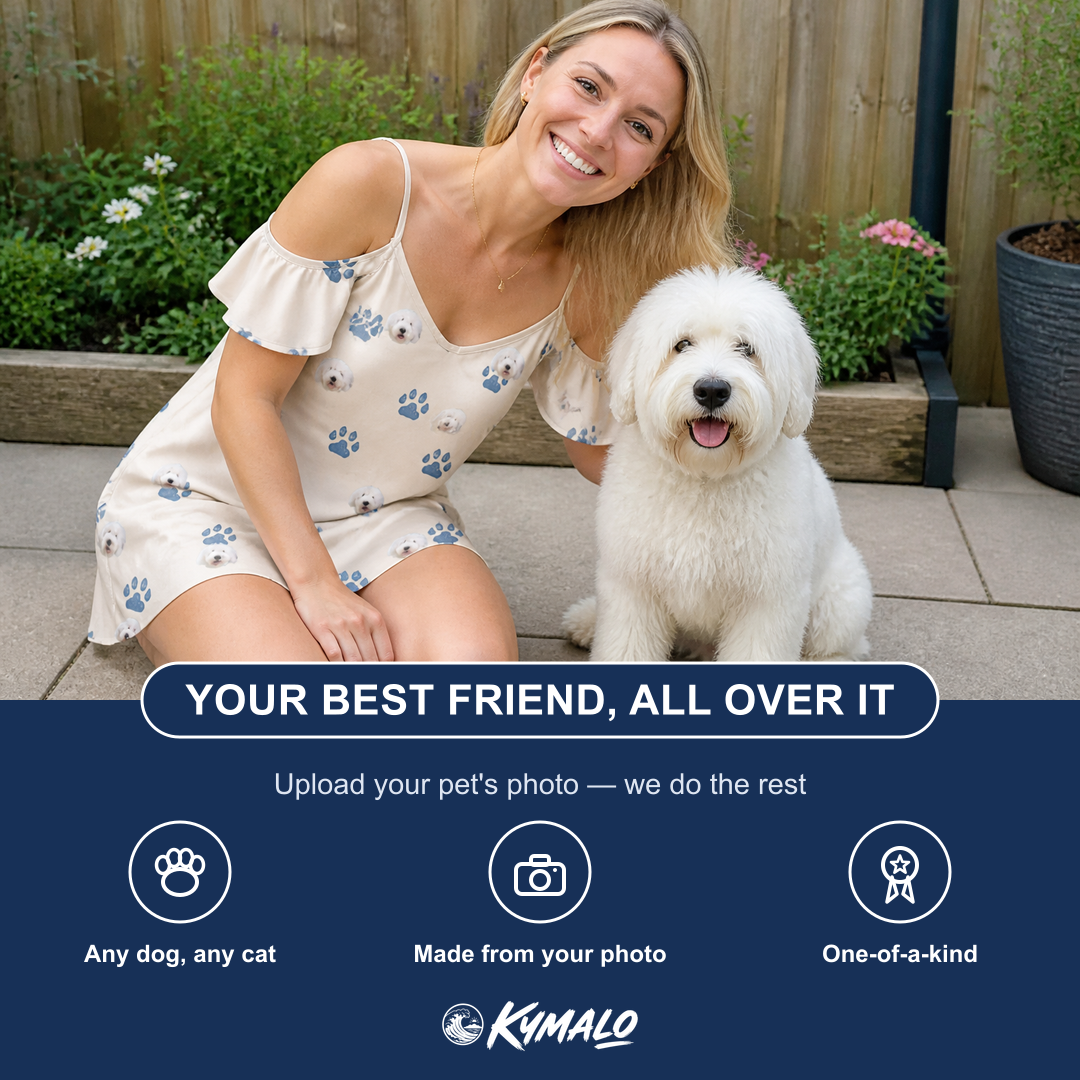 Friends in matching Women's Puppy Prints Custom Dog Face Off-Shoulder Dress — a group gift photo