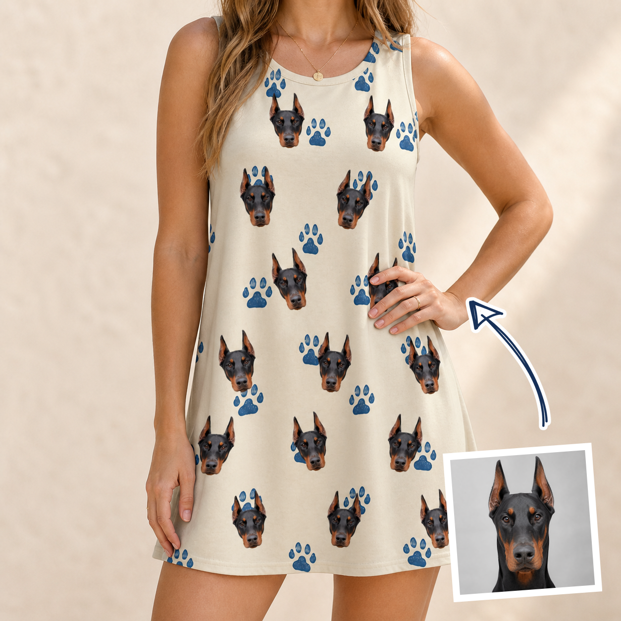 Woman wearing Women's Puppy Prints Custom Dog Face Tank Dress — custom faces printed all-over