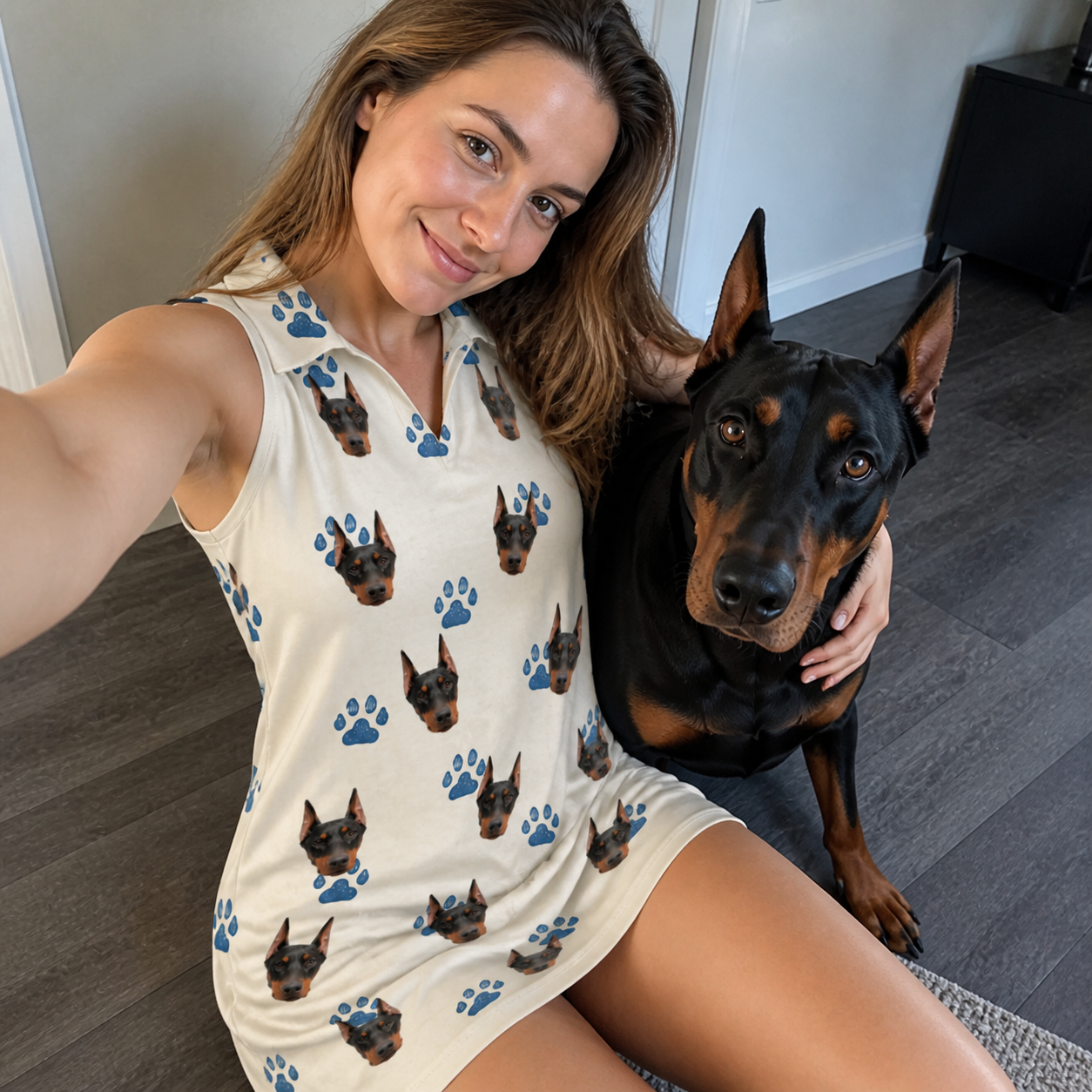 Selfie with the pet whose face is printed all over this Women's Puppy Prints Custom Dog Face V-Neck Dress