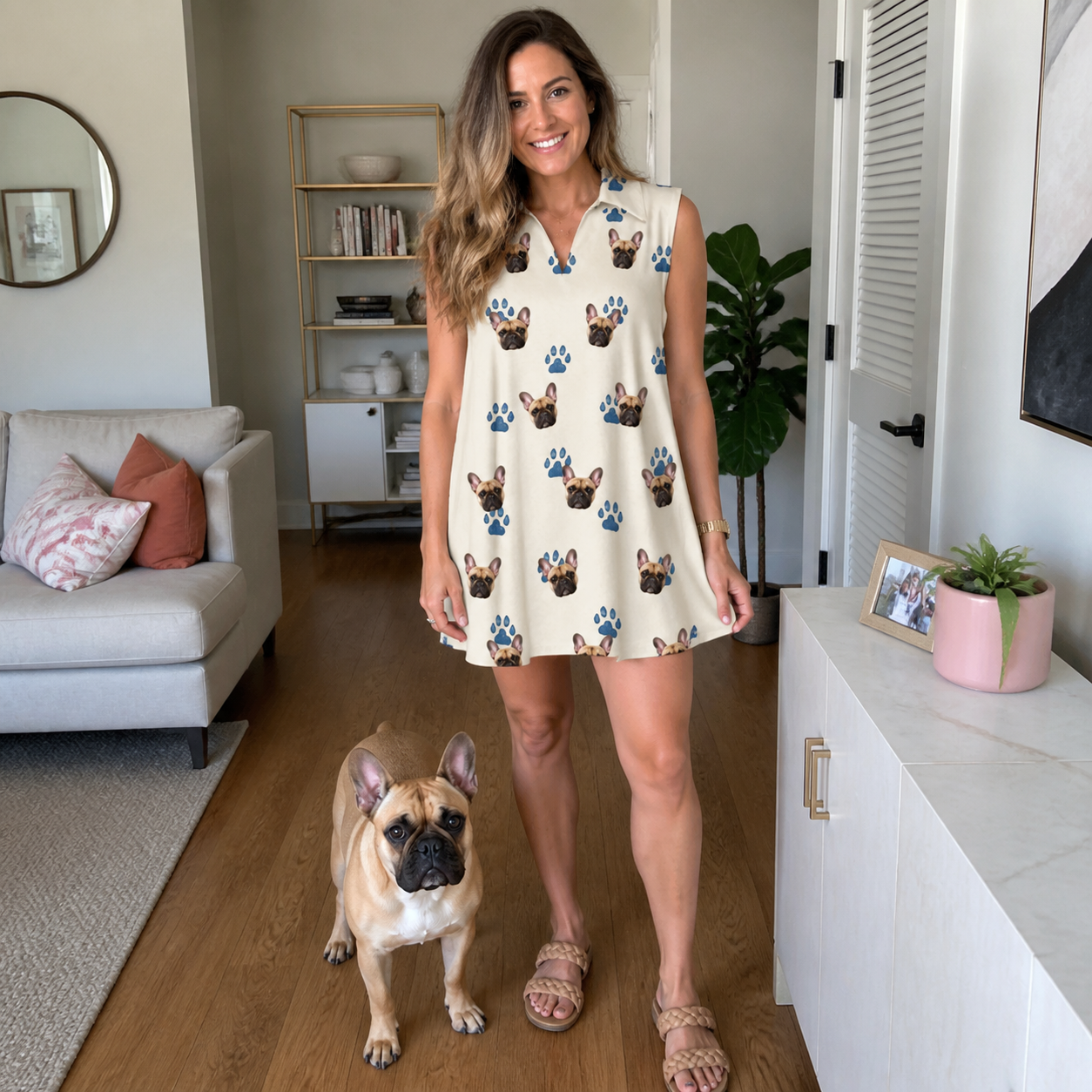 Full-length photo with the pet printed all over this Women's Puppy Prints Custom Dog Face V-Neck Dress