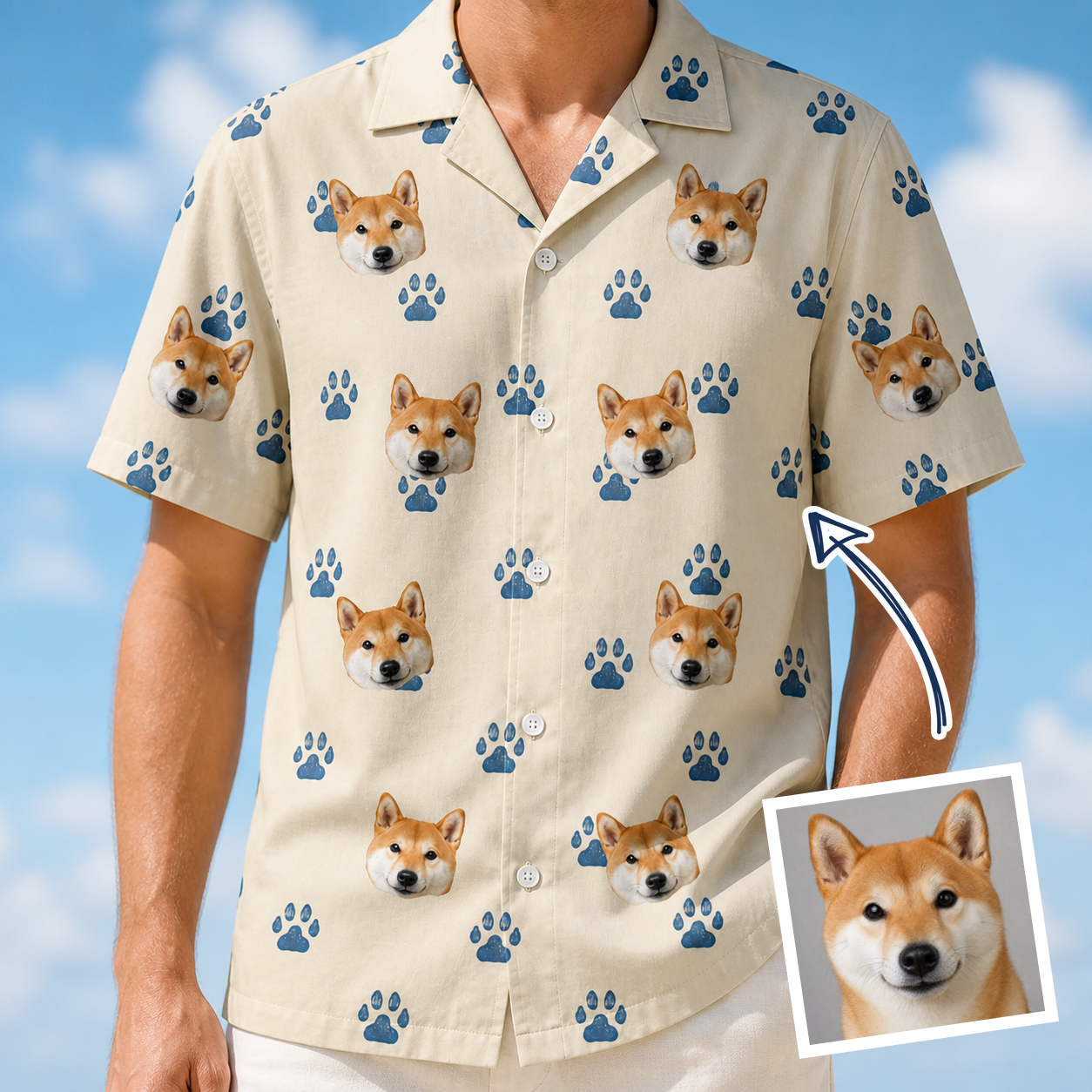 Man wearing Men's Puppy Prints Custom Dog Face Hawaiian Shirt — custom faces printed all-over