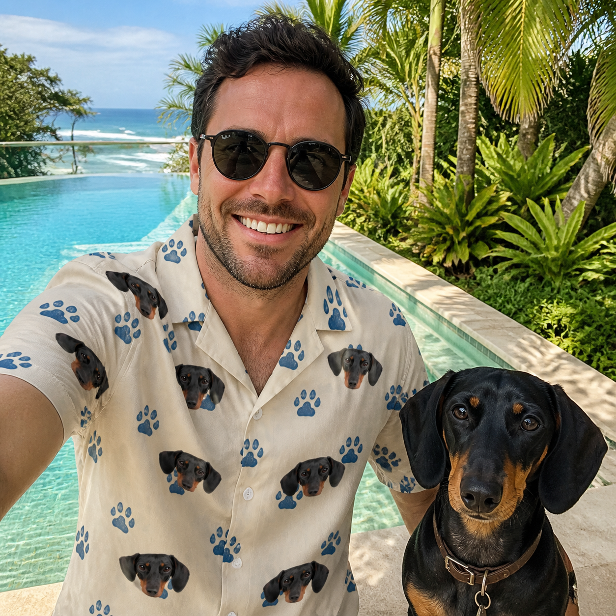 Selfie with the pet whose face is printed all over this Men's Puppy Prints Custom Dog Face Hawaiian Shirt