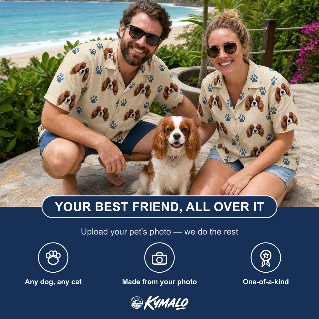Friends in matching Men's Puppy Prints Custom Dog Face Hawaiian Shirt — a group gift photo