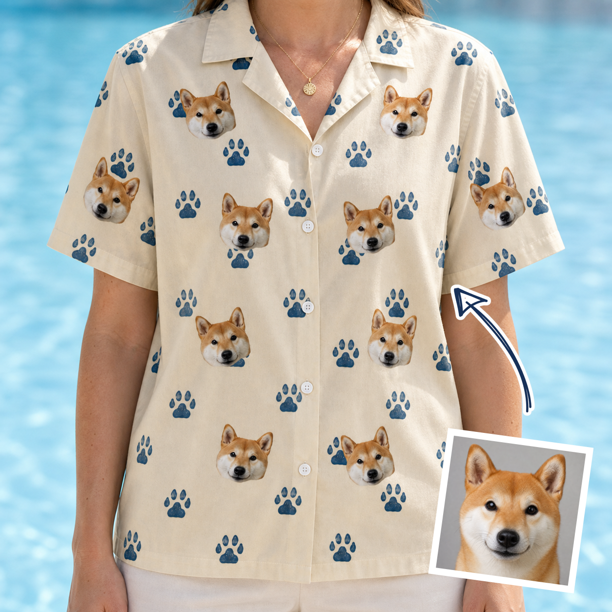 Woman wearing Women's Puppy Prints Custom Dog Face Hawaiian Shirt — custom faces printed all-over