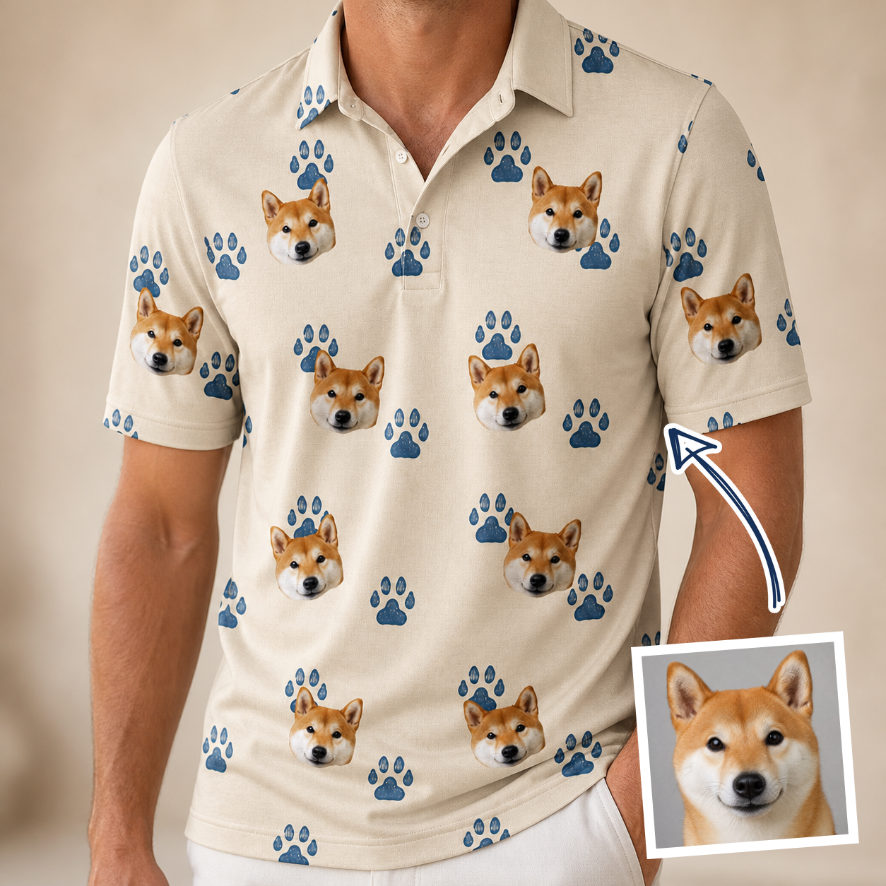 Man wearing Men's Puppy Prints Custom Dog Face Polo Shirt — custom faces printed all-over