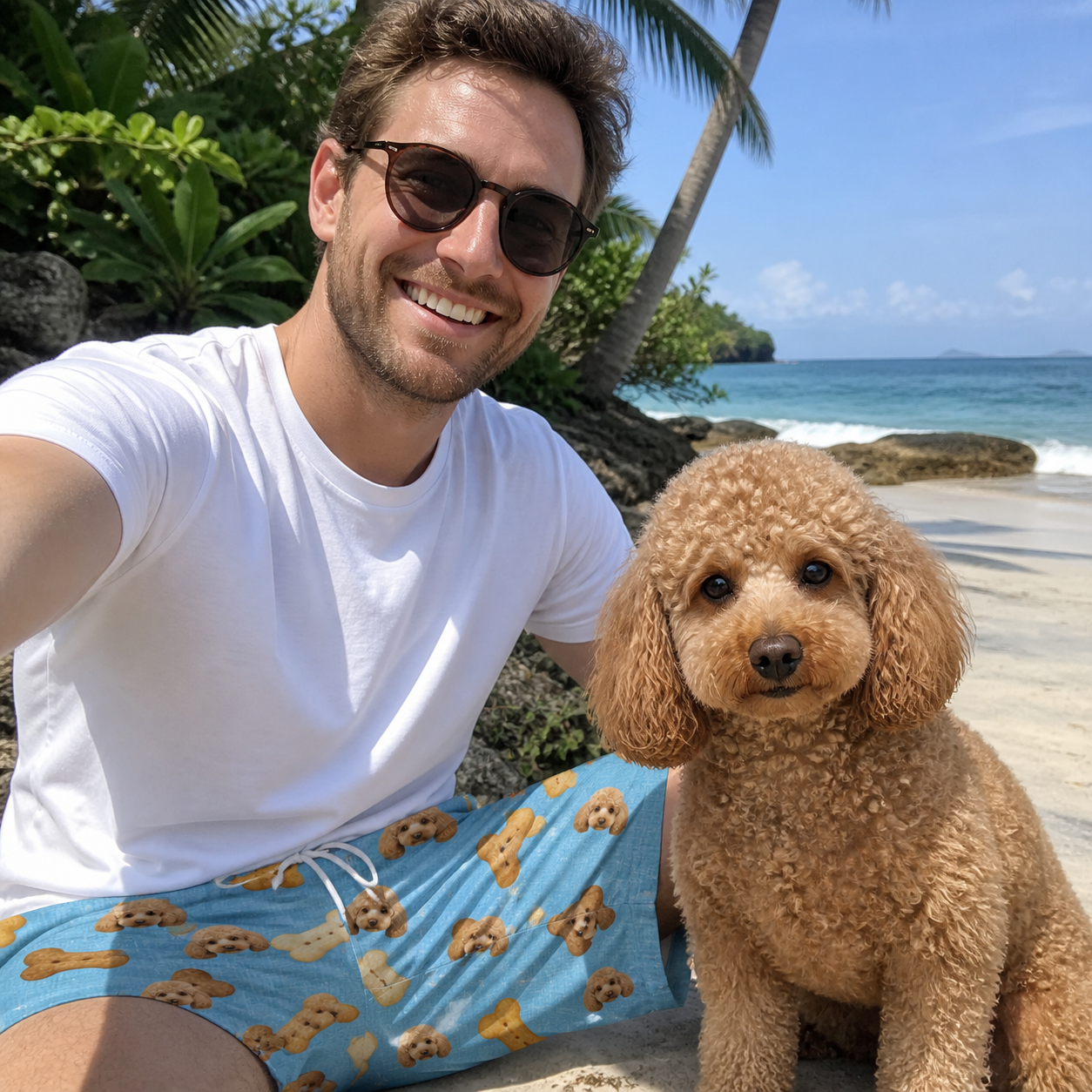 Selfie with the pet whose face is printed all over this Men's Mutt Munchies Custom Dog Face Beach Shorts