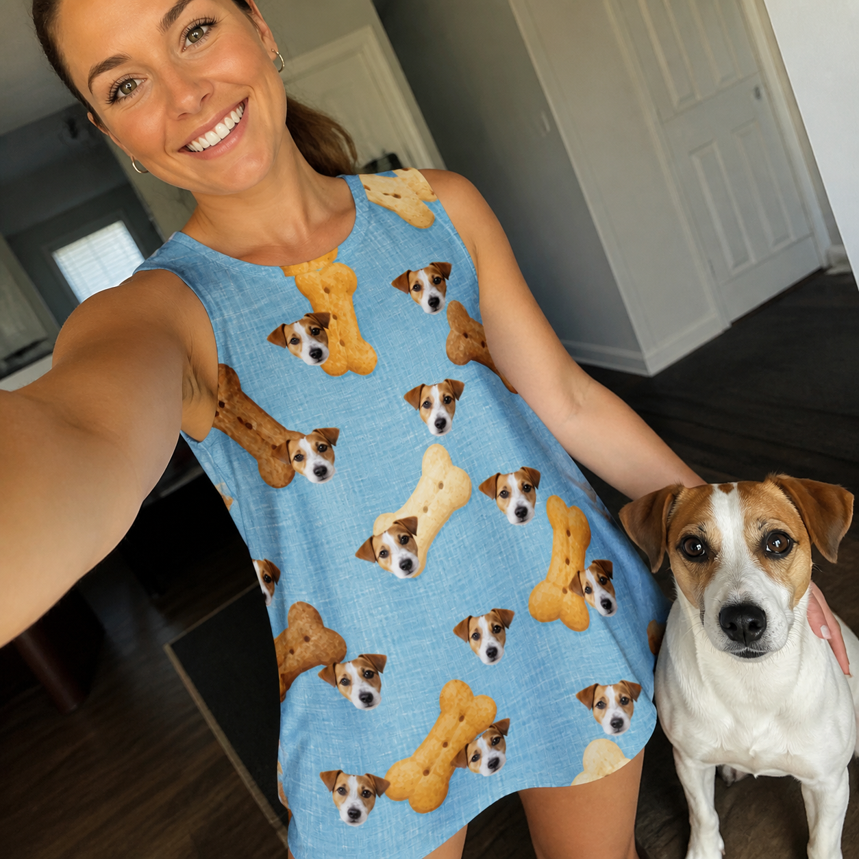 Selfie with the pet whose face is printed all over this Women's Mutt Munchies Custom Dog Face Tank Dress