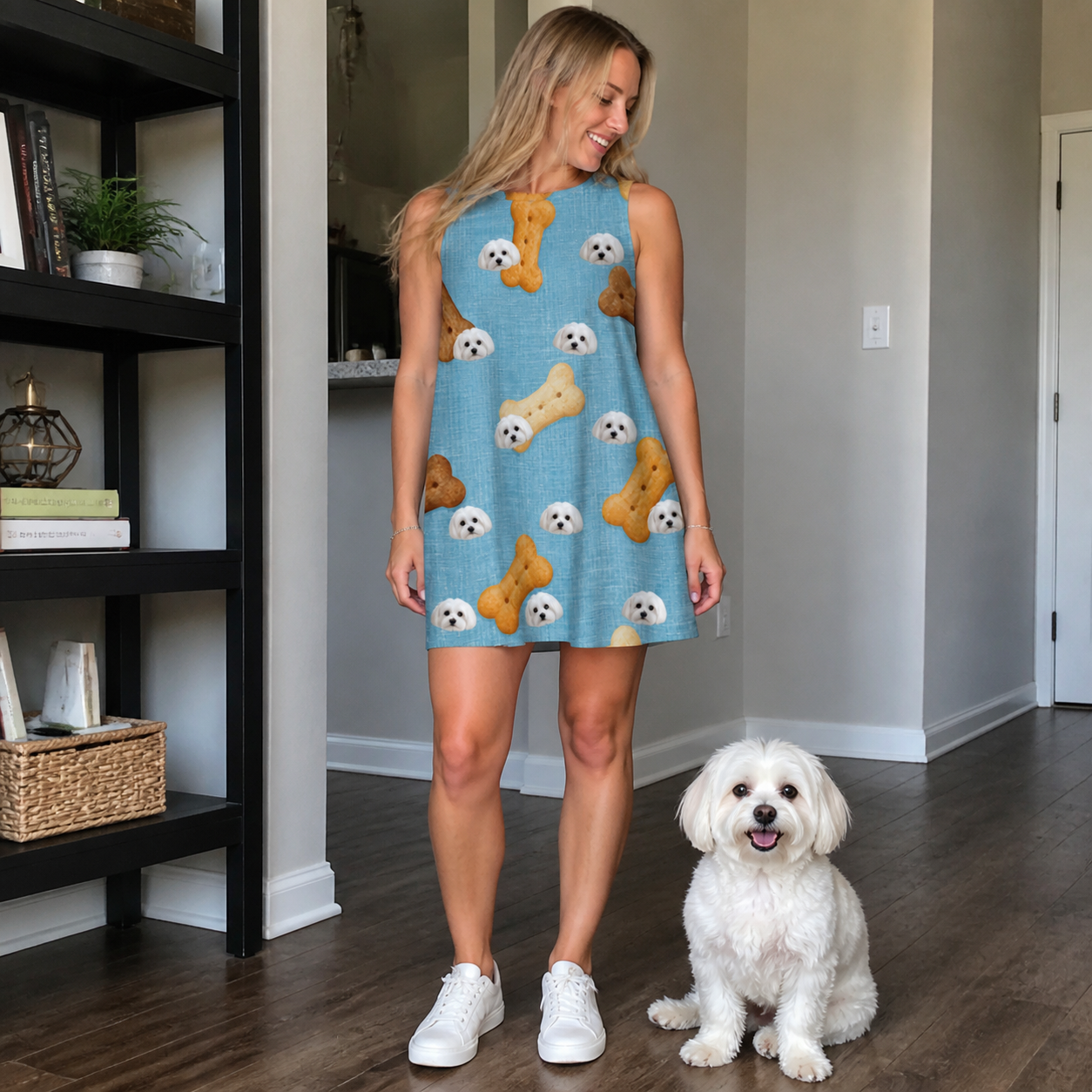 Full-length photo with the pet printed all over this Women's Mutt Munchies Custom Dog Face Tank Dress
