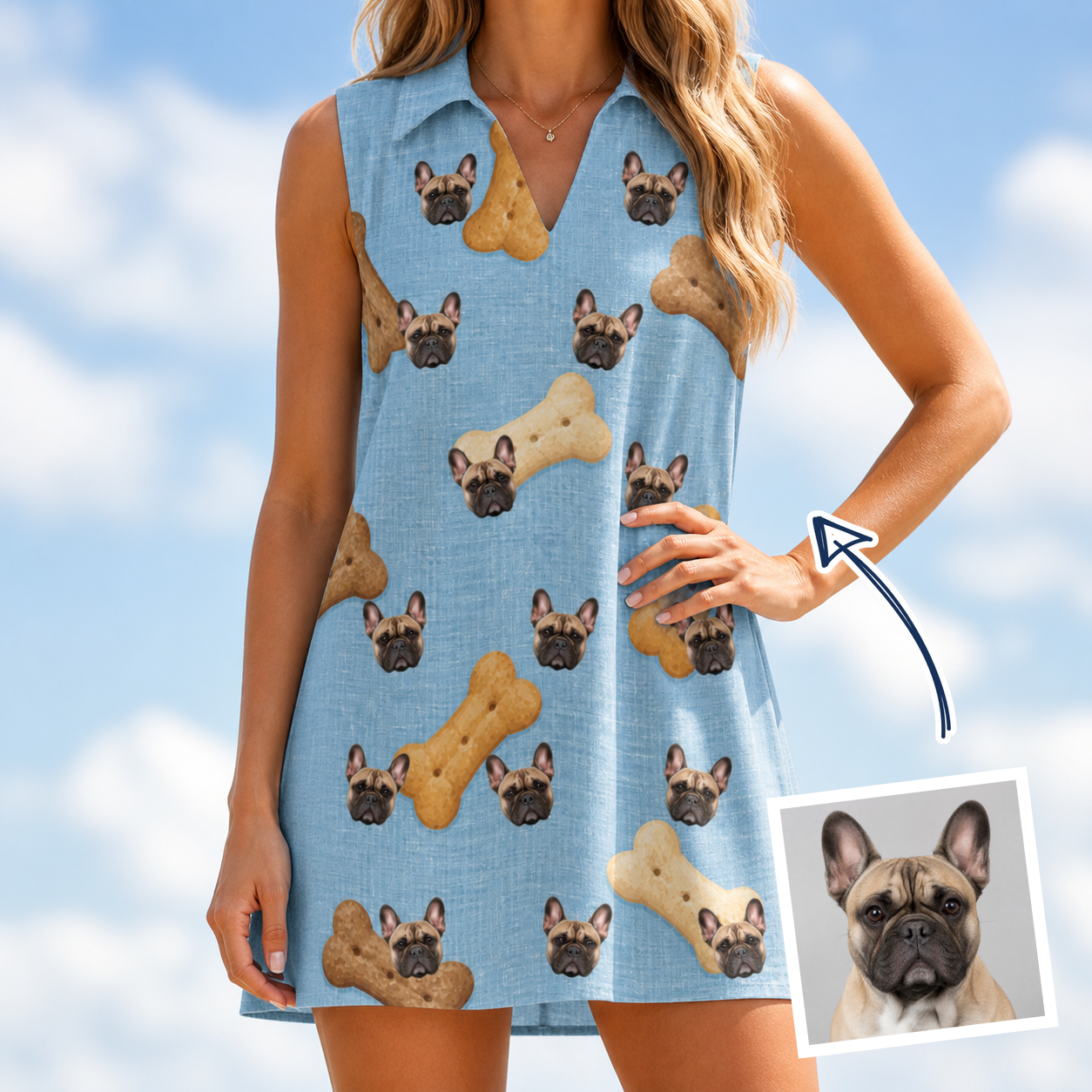 Woman wearing Women's Mutt Munchies Custom Dog Face V-Neck Dress — custom faces printed all-over