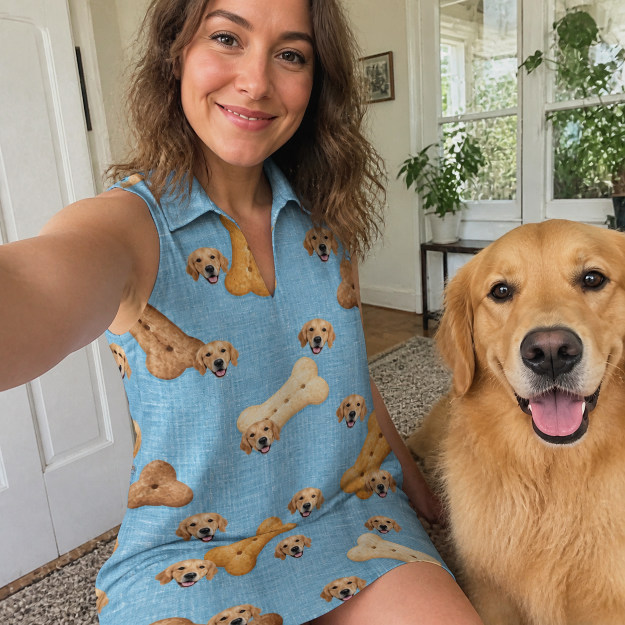Selfie with the pet whose face is printed all over this Women's Mutt Munchies Custom Dog Face V-Neck Dress