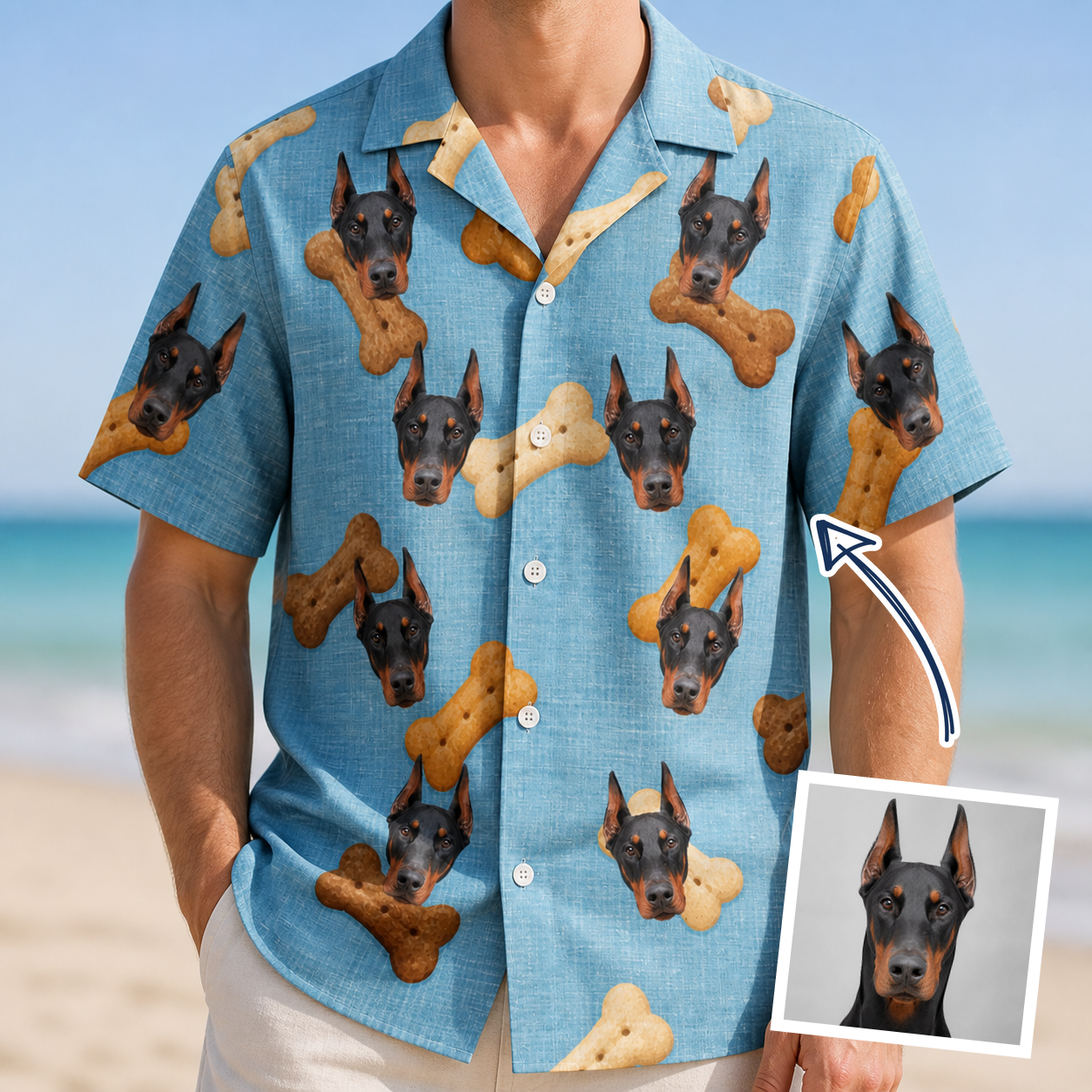 Man wearing Men's Mutt Munchies Custom Dog Face Hawaiian Shirt — custom faces printed all-over