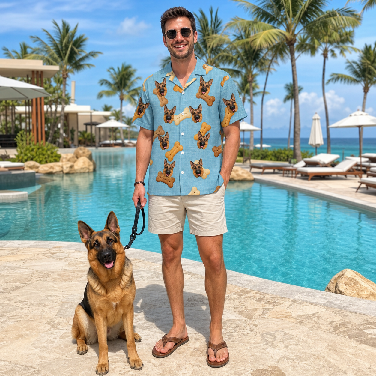 Full-length photo with the pet printed all over this Men's Mutt Munchies Custom Dog Face Hawaiian Shirt
