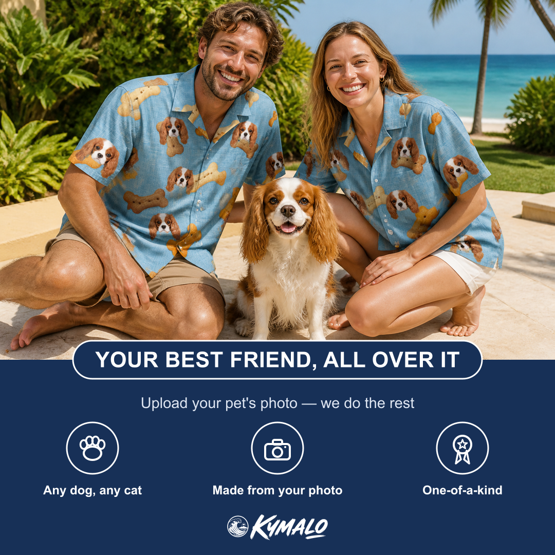Friends in matching Women's Mutt Munchies Custom Dog Face Hawaiian Shirt — a group gift photo