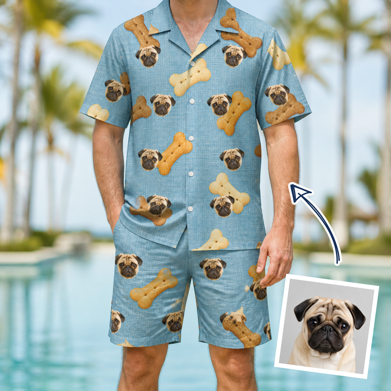 Man wearing Men's Mutt Munchies Custom Dog Face Shirt & Shorts Set — custom faces printed all-over