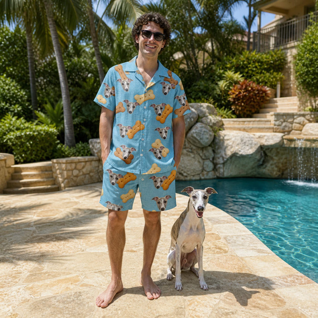 Full-length photo with the pet printed all over this Men's Mutt Munchies Custom Dog Face Shirt & Shorts Set