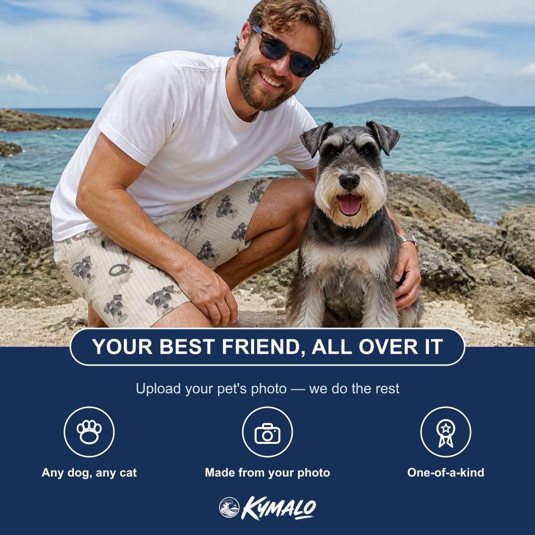 Friends in matching Men's Ruff Routes Custom Dog Face Beach Shorts — a group gift photo