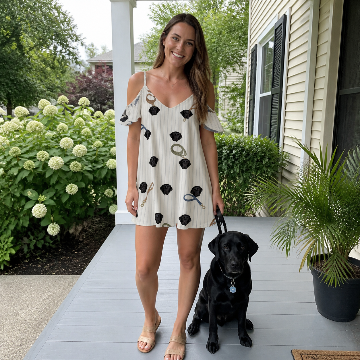 Full-length photo with the pet printed all over this Women's Ruff Routes Custom Dog Face Off-Shoulder Dress