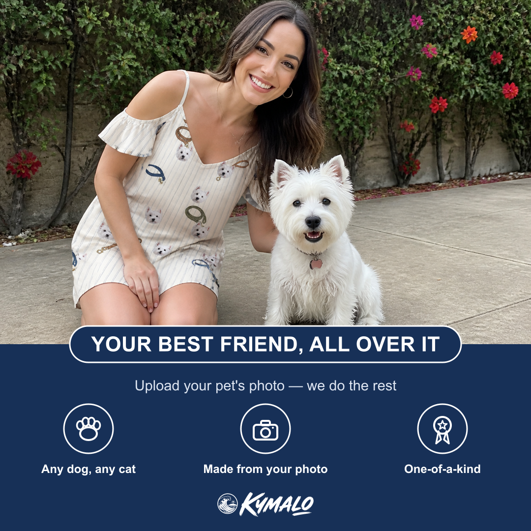 Friends in matching Women's Ruff Routes Custom Dog Face Off-Shoulder Dress — a group gift photo