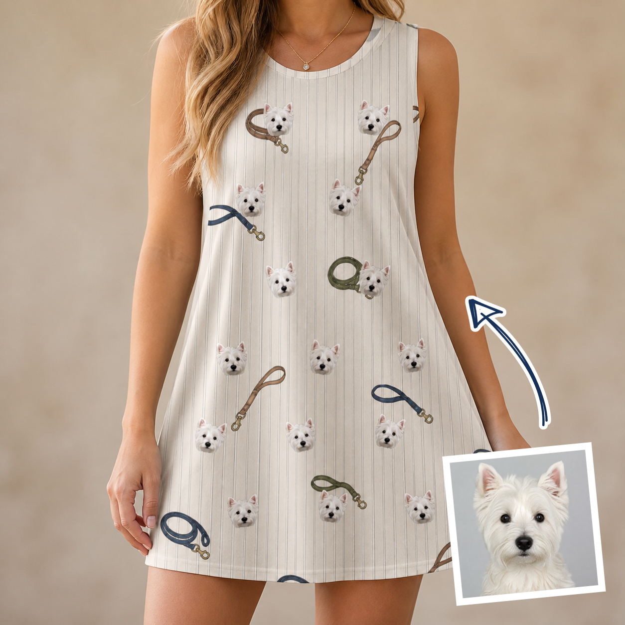 Woman wearing Women's Ruff Routes Custom Dog Face Tank Dress — custom faces printed all-over