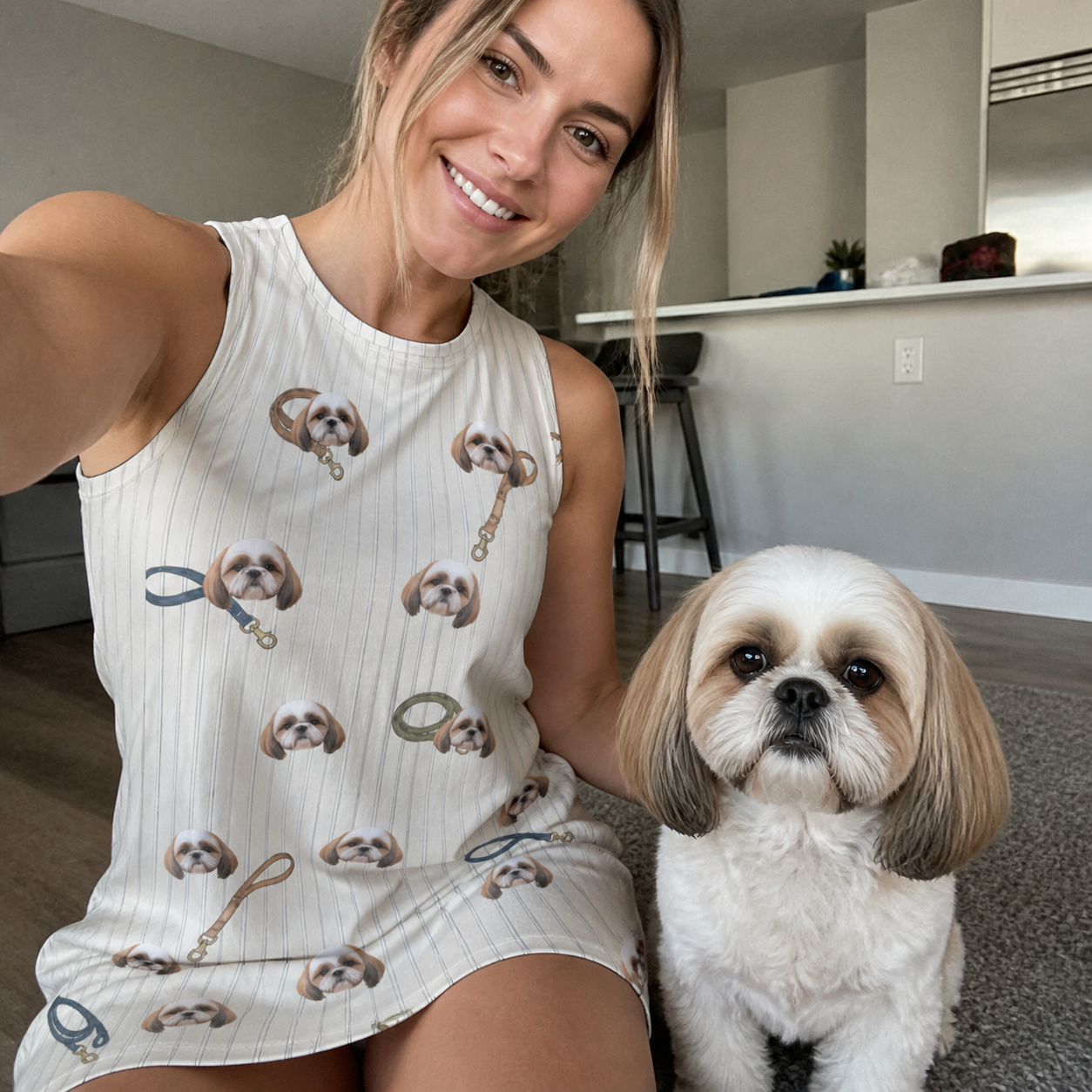Selfie with the pet whose face is printed all over this Women's Ruff Routes Custom Dog Face Tank Dress