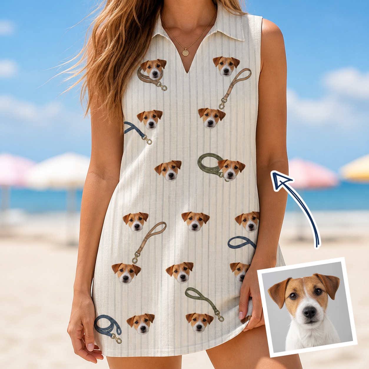 Woman wearing Women's Ruff Routes Custom Dog Face V-Neck Dress — custom faces printed all-over
