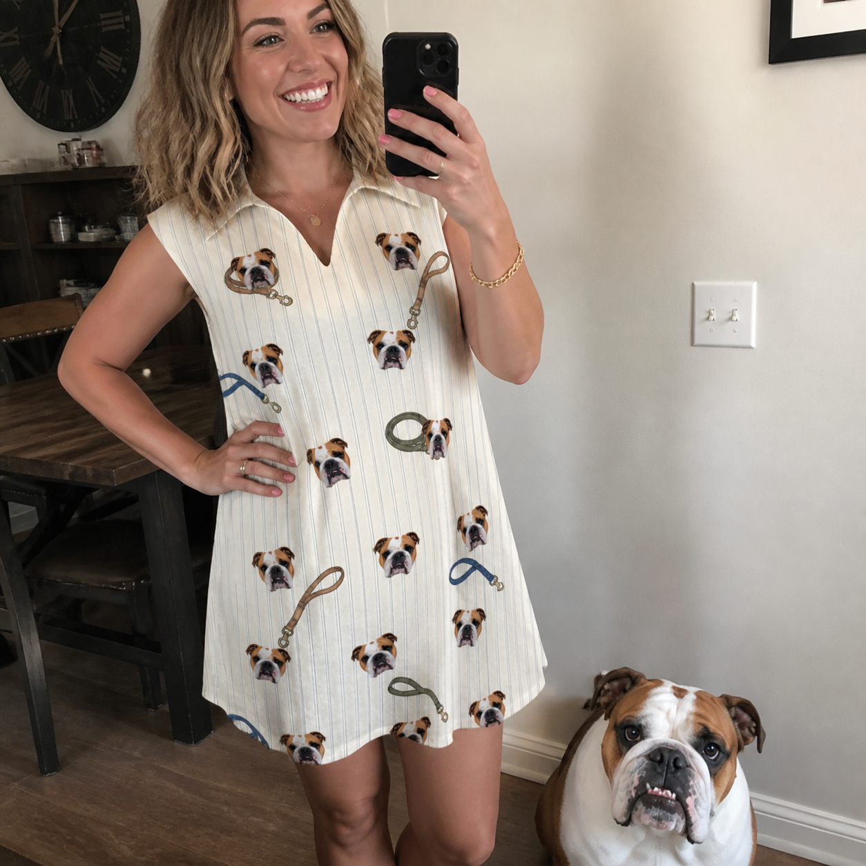 Selfie with the pet whose face is printed all over this Women's Ruff Routes Custom Dog Face V-Neck Dress