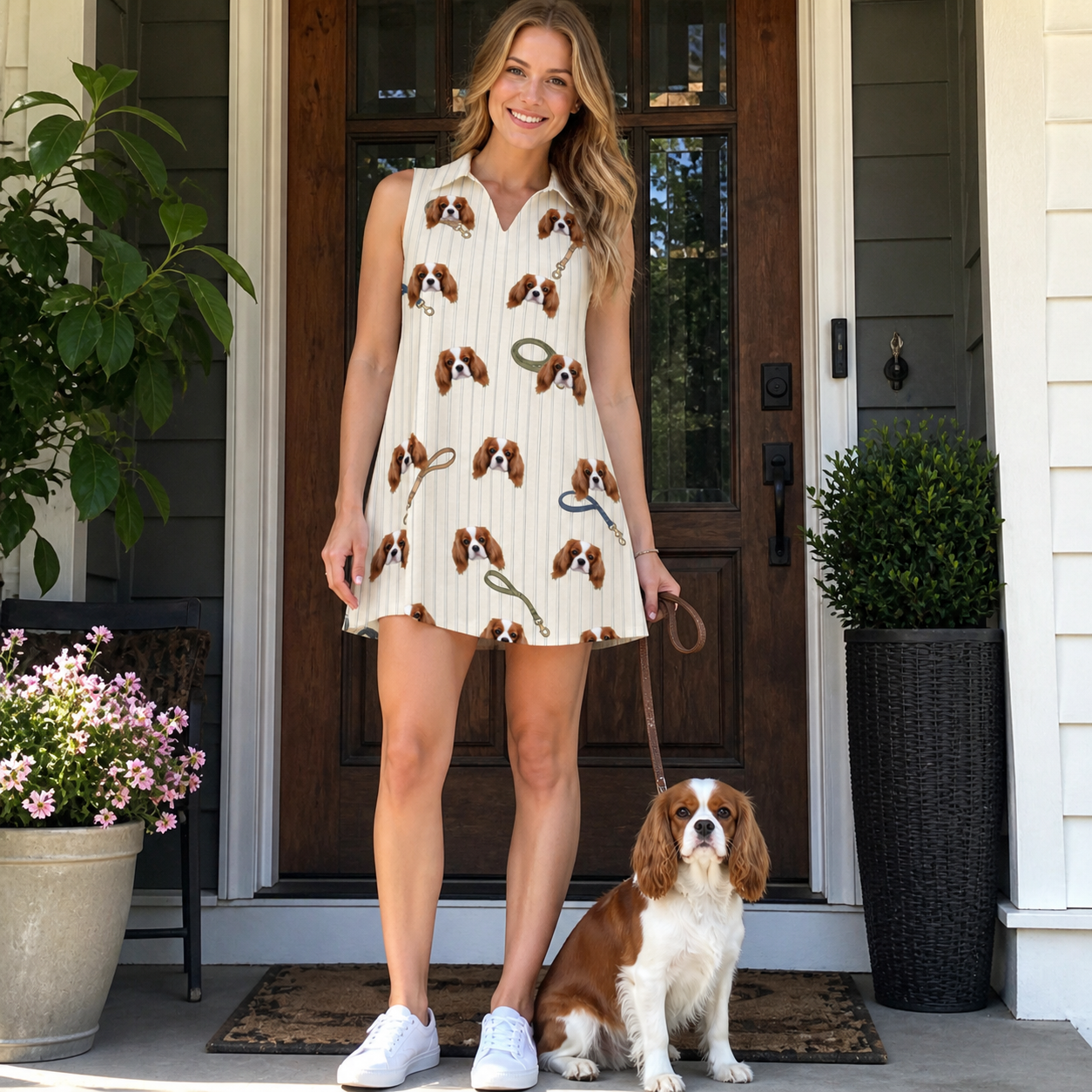 Full-length photo with the pet printed all over this Women's Ruff Routes Custom Dog Face V-Neck Dress