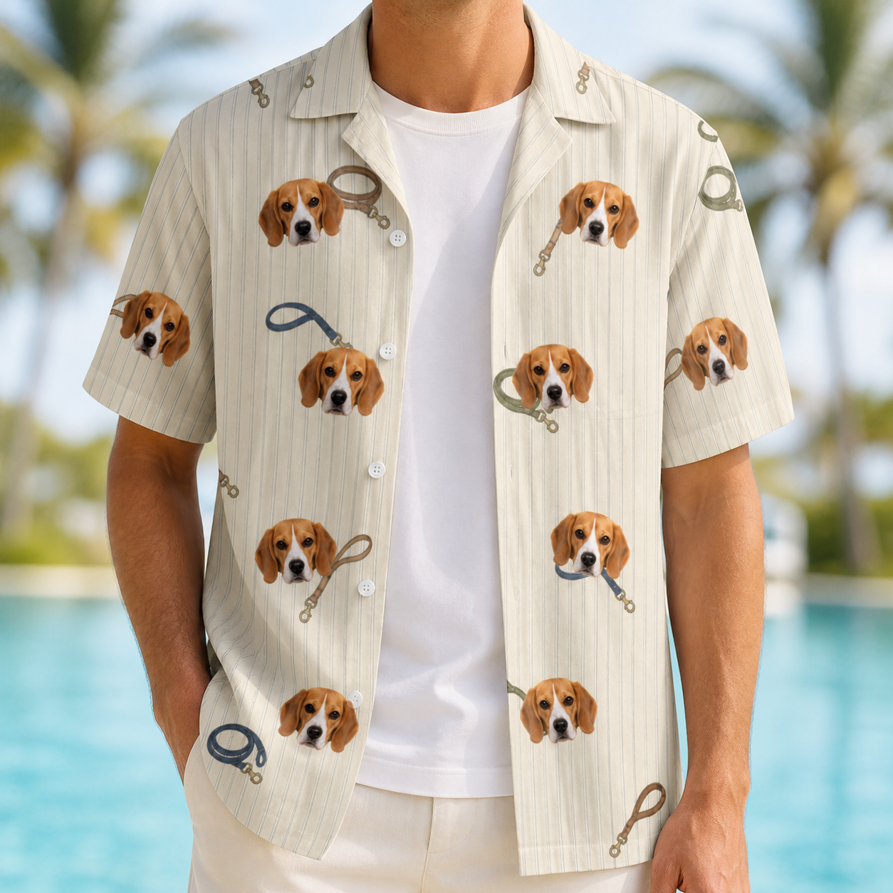 Man wearing Men's Ruff Routes Custom Dog Face Hawaiian Shirt open over a white tee
