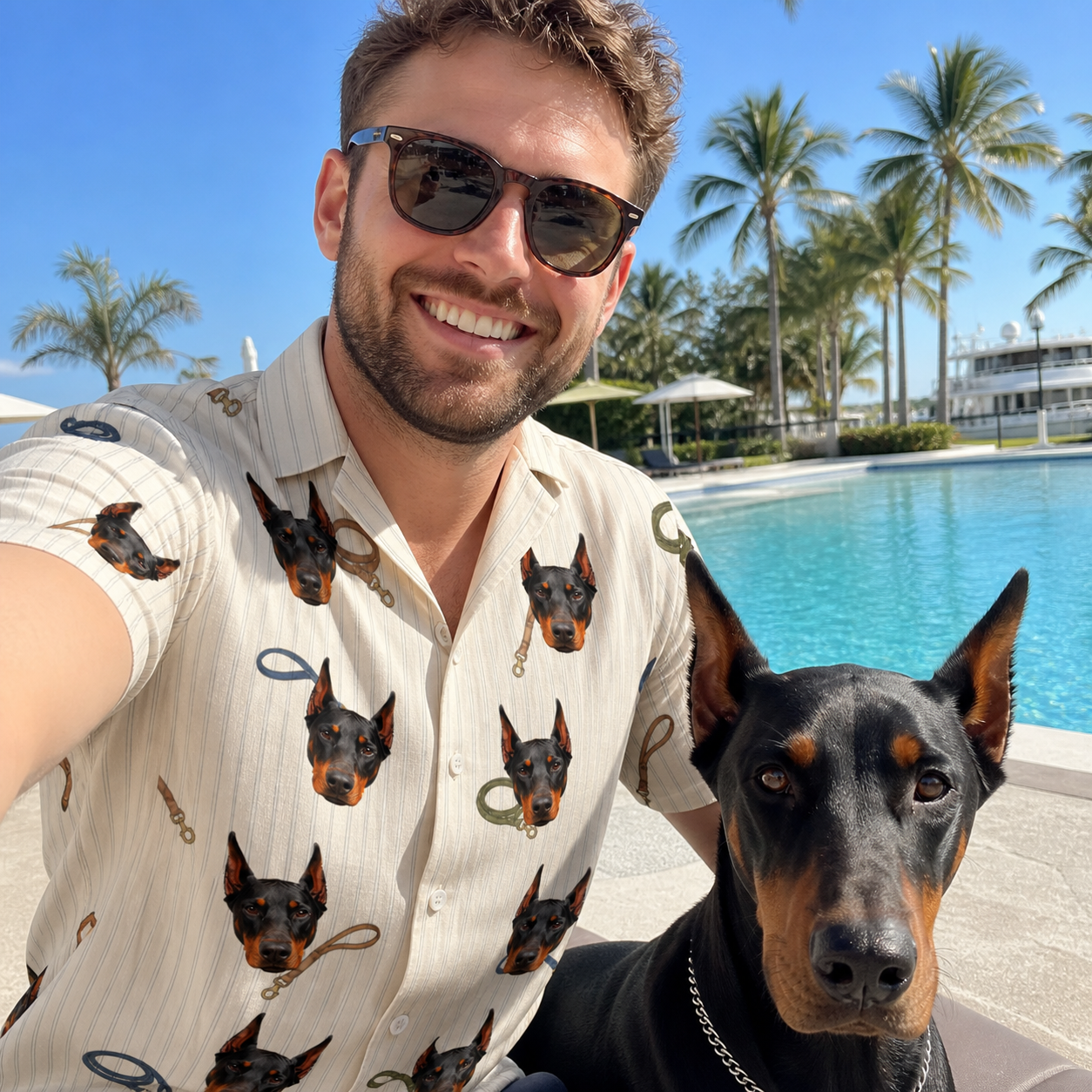 Selfie with the pet whose face is printed all over this Men's Ruff Routes Custom Dog Face Hawaiian Shirt