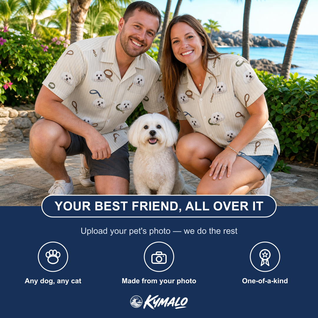 Friends in matching Women's Ruff Routes Custom Dog Face Hawaiian Shirt — a group gift photo