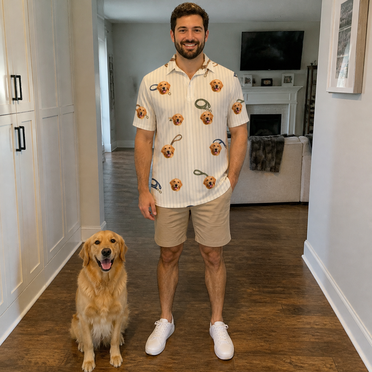 Full-length photo with the pet printed all over this Men's Ruff Routes Custom Dog Face Polo Shirt
