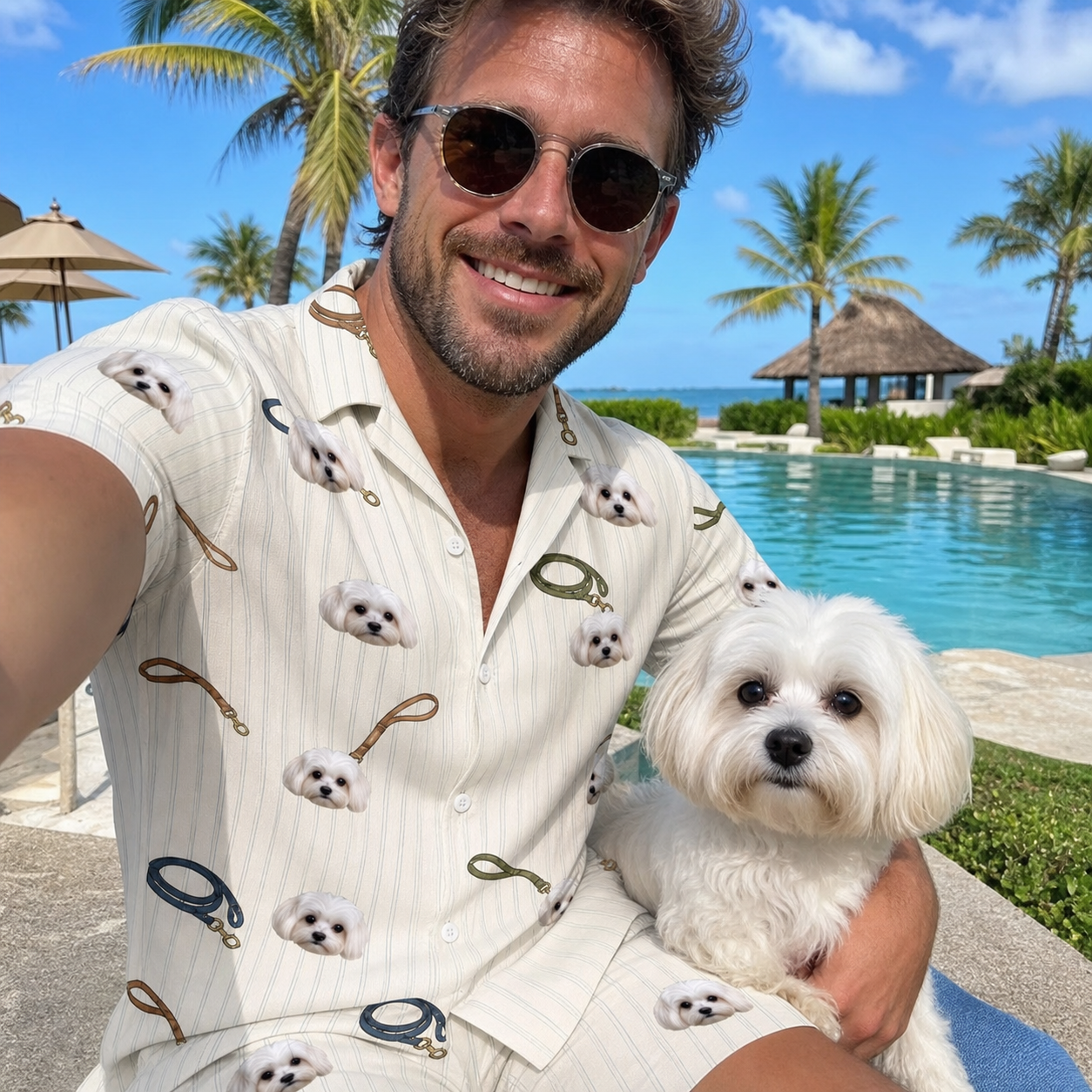 Selfie with the pet whose face is printed all over this Men's Ruff Routes Custom Dog Face Shirt & Shorts Set