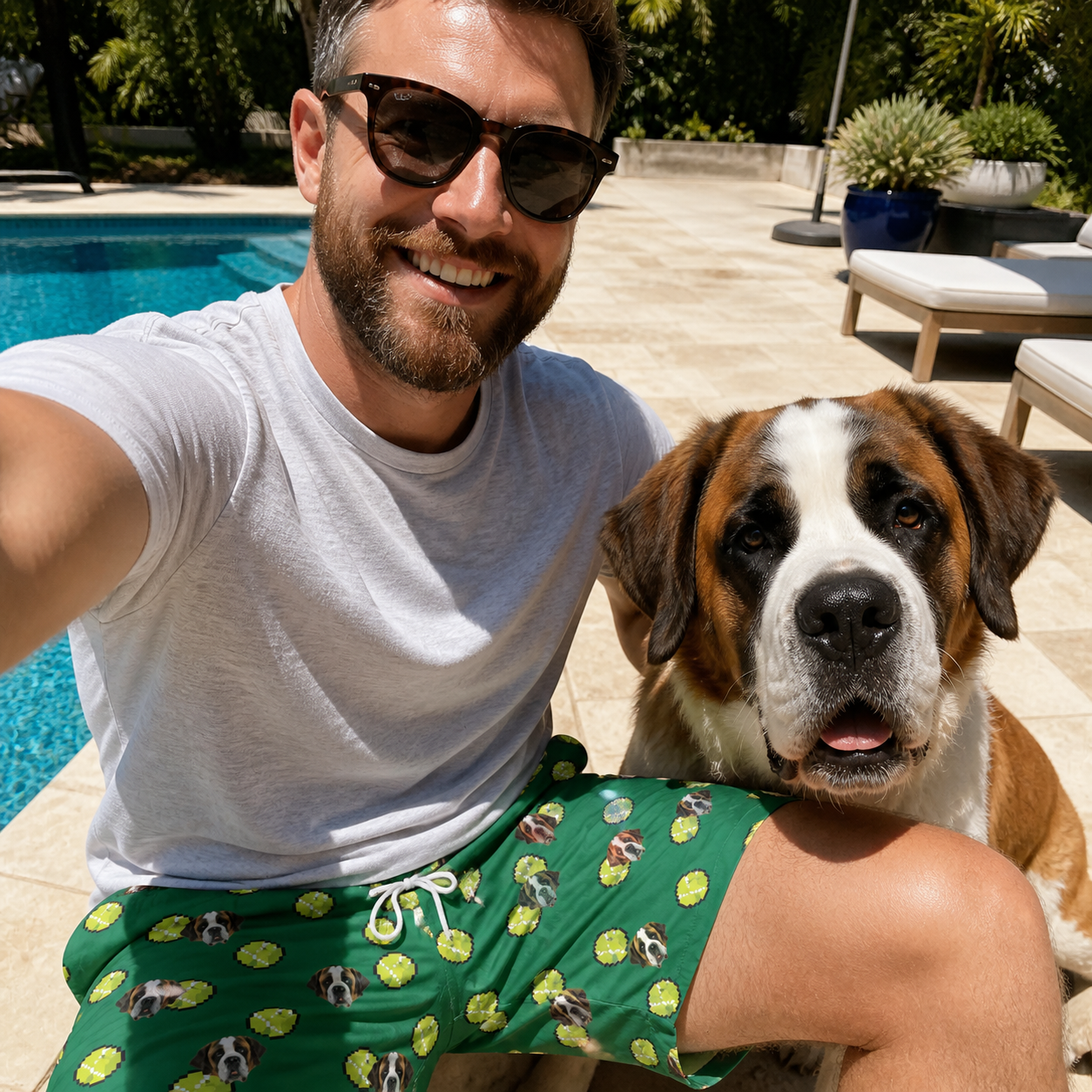 Selfie with the pet whose face is printed all over this Men's Tennis Tails Custom Dog Face Beach Shorts